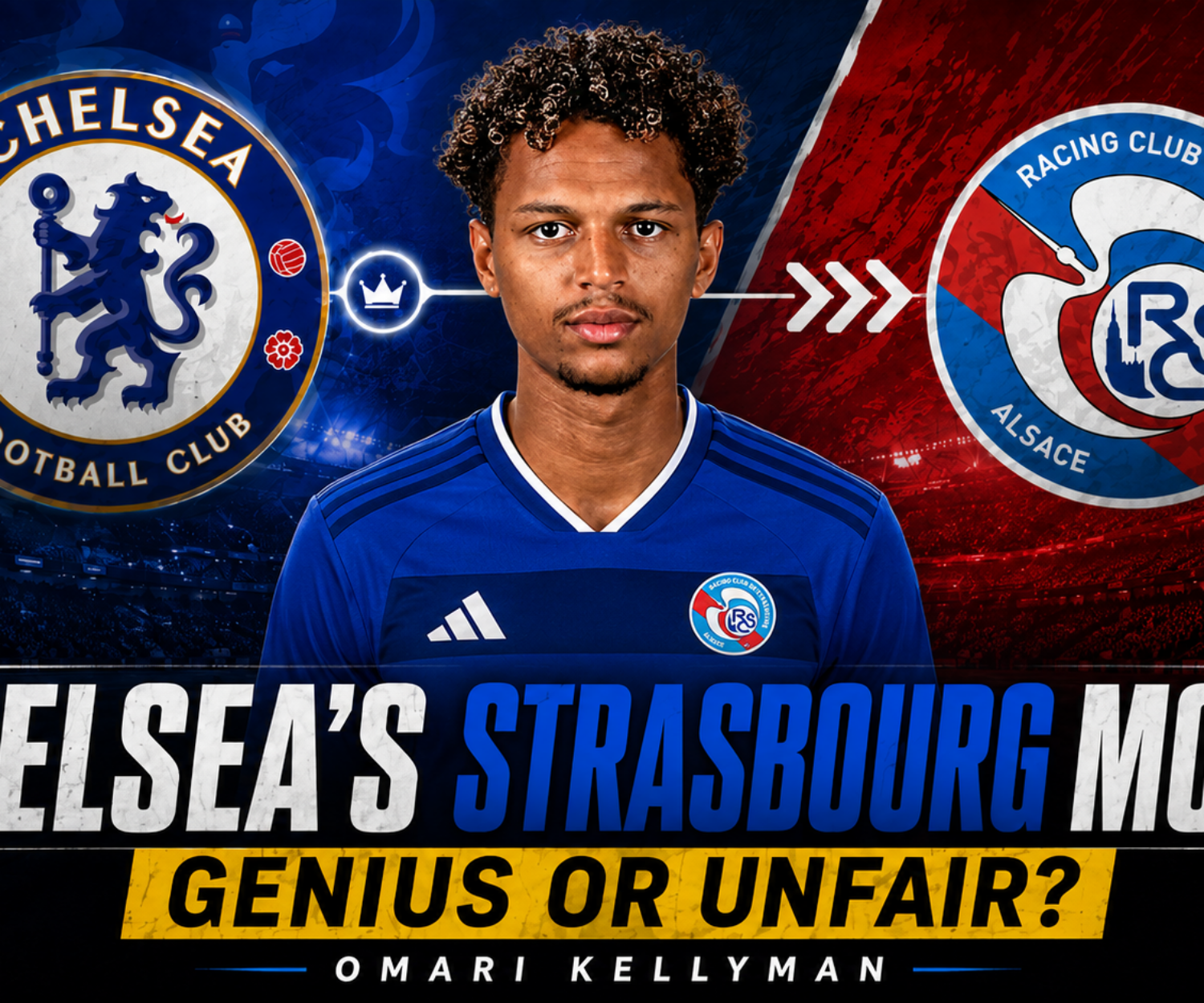 Omari Kellyman in a Strasbourg shirt illustrating the Chelsea Strasbourg transfer model.