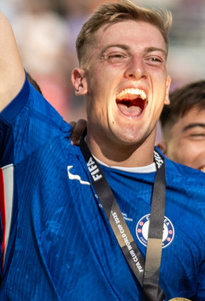 Chelsea Football Club Liam Delap during a post-match ceremony at the FIFA World Cup Final