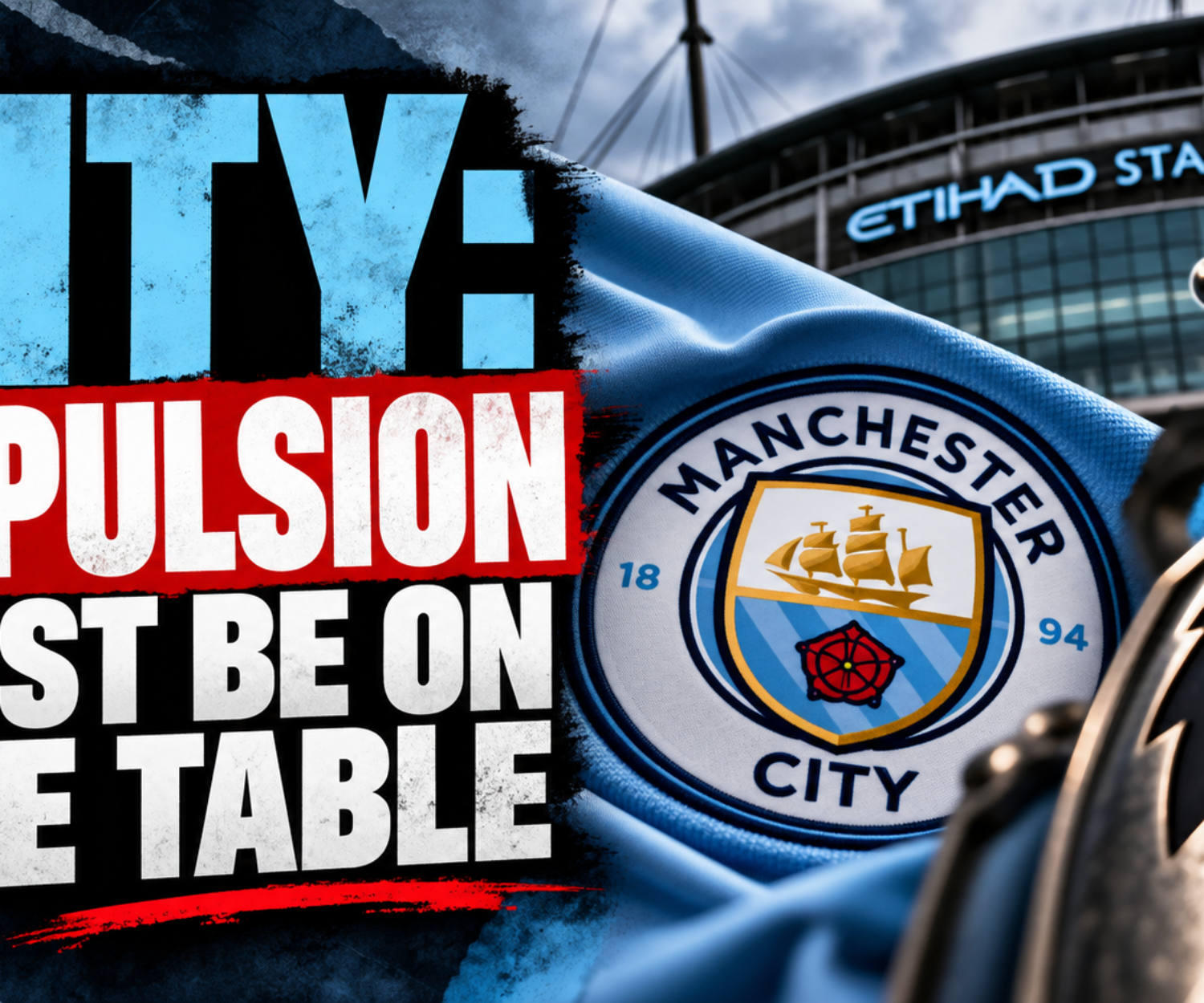 Manchester City expulsion from the Premier League featured image showing the club crest, Etihad Stadium and Premier League emblem